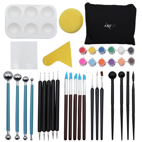 ArtJo boetseergereedschap set met modelleerspatels, penselen, bolnaalden, verfnapjes, een spons en een zwart etui
