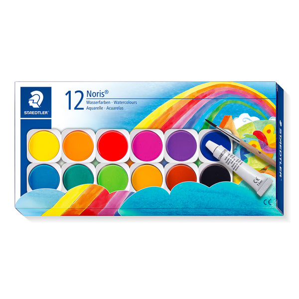 STAEDTLER Noris waterverf met 12 kleuren in napjes, inclusief een penseel en tube dekwit