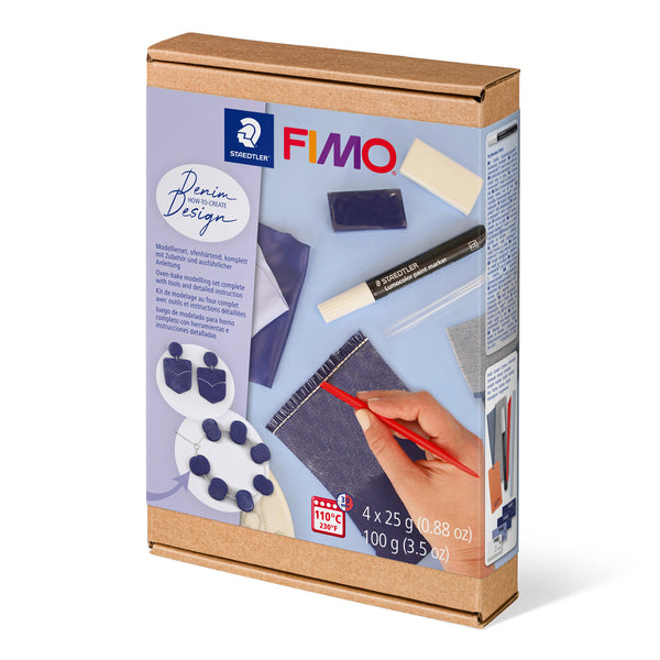 Kartonnen verpakking van de FIMO How To Create Set Denim van STAEDTLER met jeanslook voorbeelden