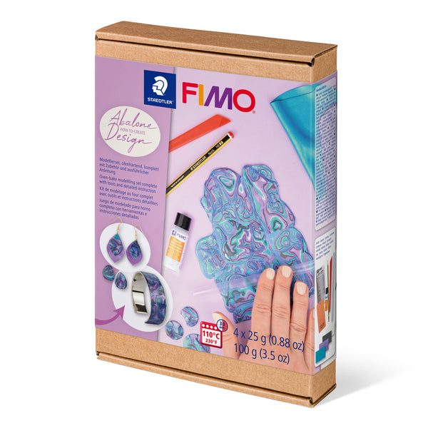 Verpakking van de FIMO How To Create Set Abalone van STAEDTLER met afbeeldingen van de inhoud en sieraden