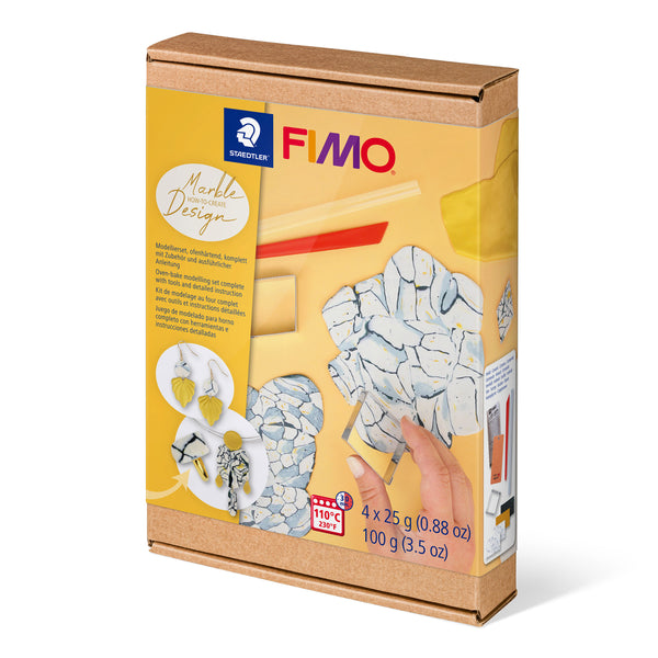 De verpakking van de FIMO How To Create Set Marble met afbeeldingen van marmeren polymeerklei-sieraden