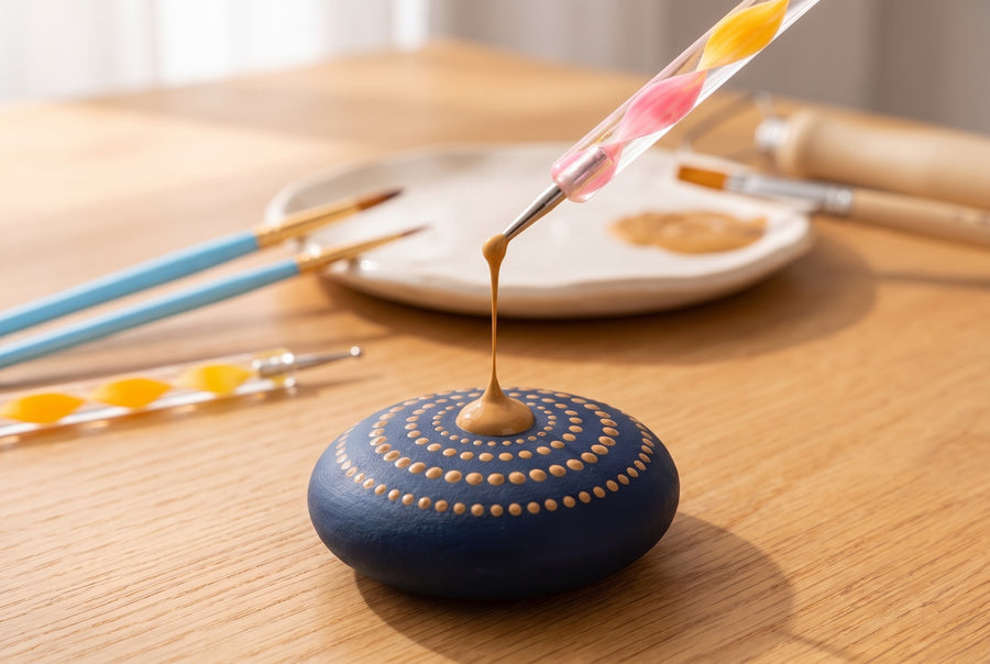 Acrylverf loopt in een dikke druppel van een dotting tool op een blauw beschilderde steen met gouden stippen