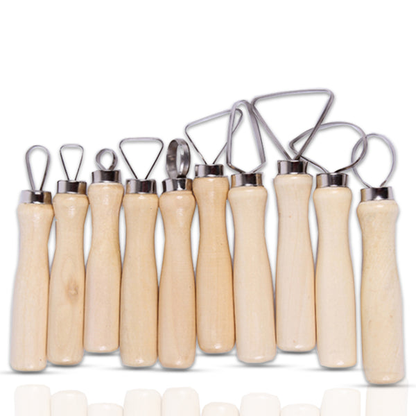Mirettes 10-delig set met houten handvatten en diverse metalen lusvormen naast elkaar