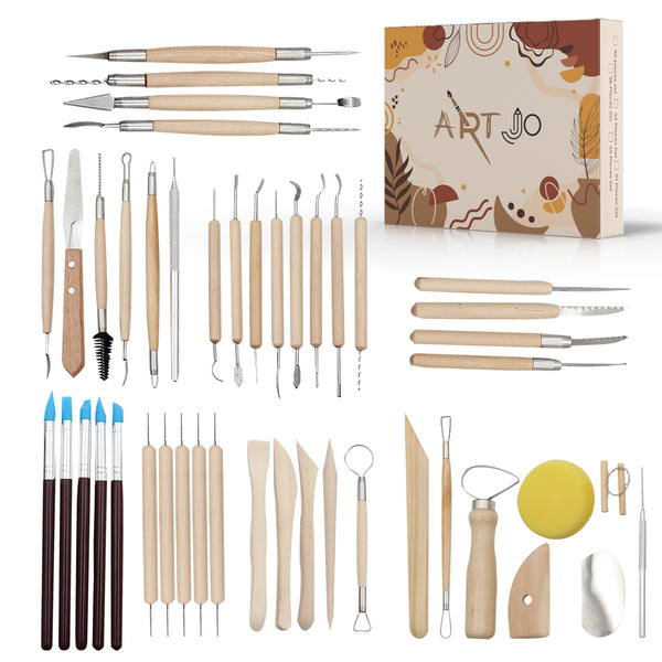 Complete ArtJo boetseergereedschap set met diverse houten en metalen tools, rubberen penselen en verpakking