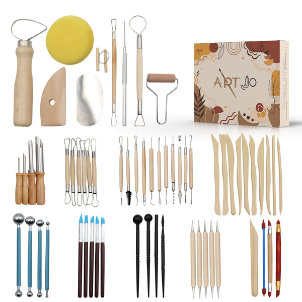ArtJo boetseergereedschap set met diverse houten en metalen kleitools, een spons, kleiroller en de verpakking