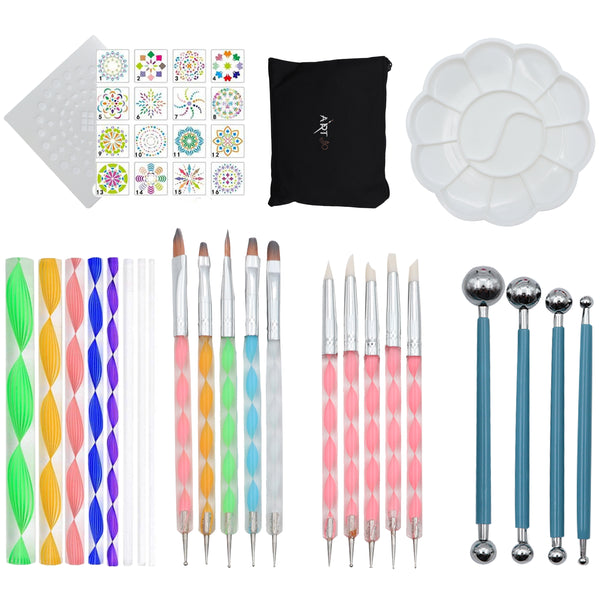 ArtJo Mandala 32-delig set met kleurrijke acrylstaven, penselen, metalen dotting tools, verfpalet en opbergtas