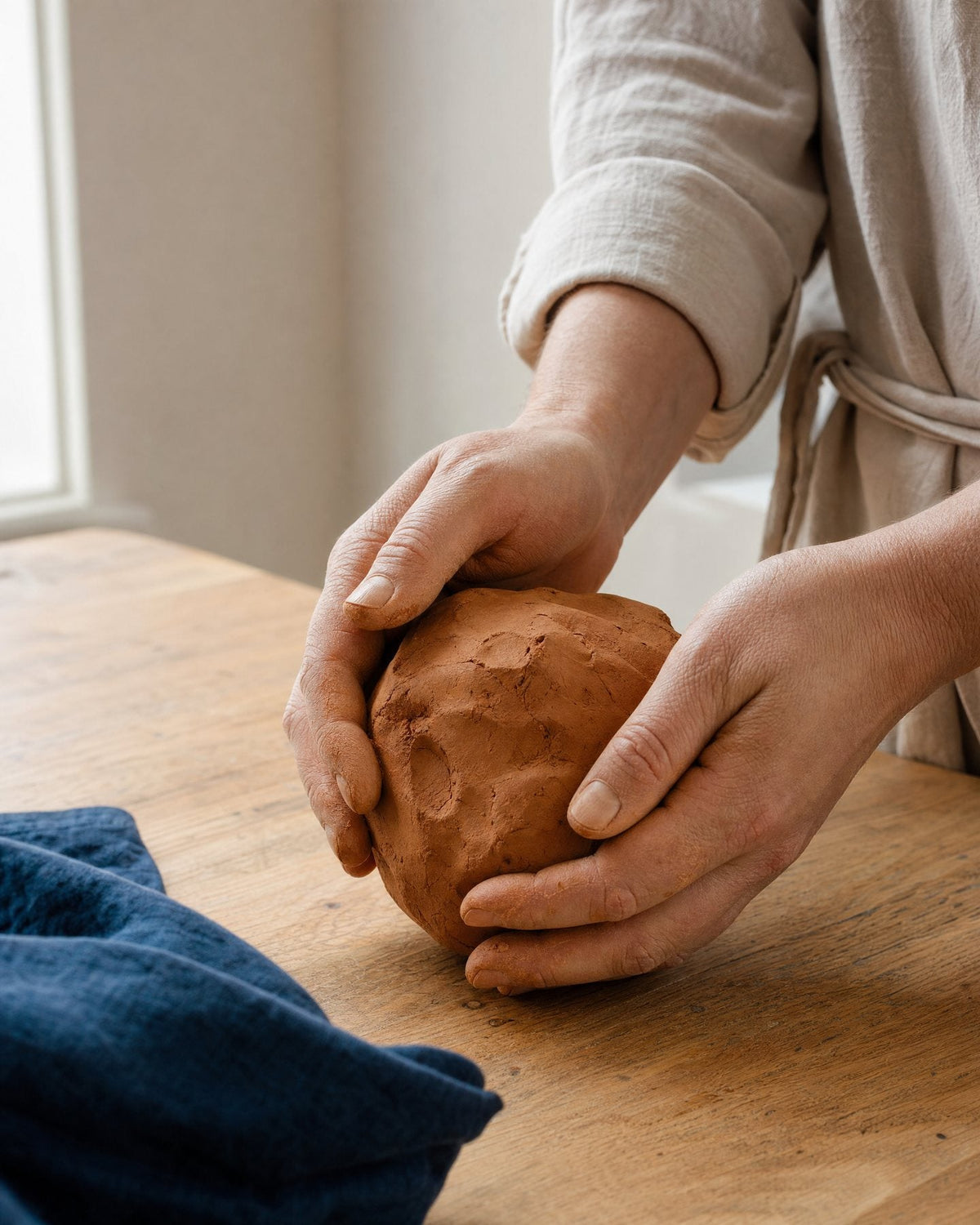 Twee handen kneden een bal klei op een houten tafel