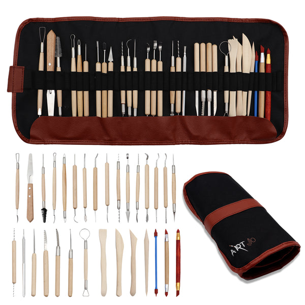 ArtJo boetseergereedschap 30-delig in etui, met alle losse houten en metalen tools en het opgerolde etui