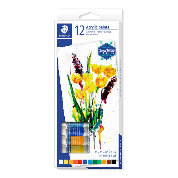 Verpakking van de STAEDTLER acrylverf set met 12 kleuren, versierd met een kleurrijke bloemenillustratie