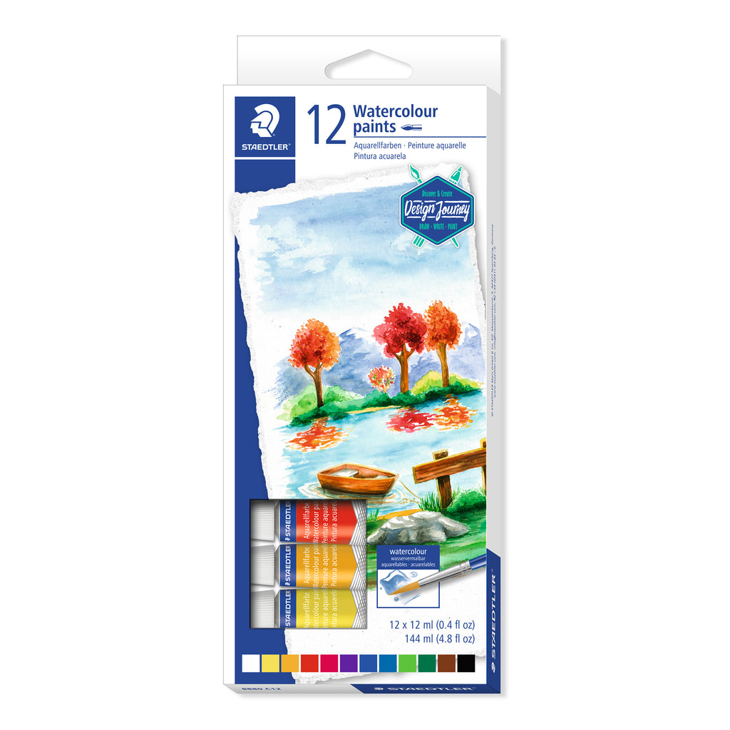 Verpakking van STAEDTLER aquarelverf met 12 kleuren 12ml per tube