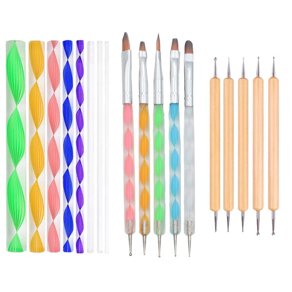 De complete Mandala 18-delig set met acrylstaven, stiptools met penselen en houten dotting tools