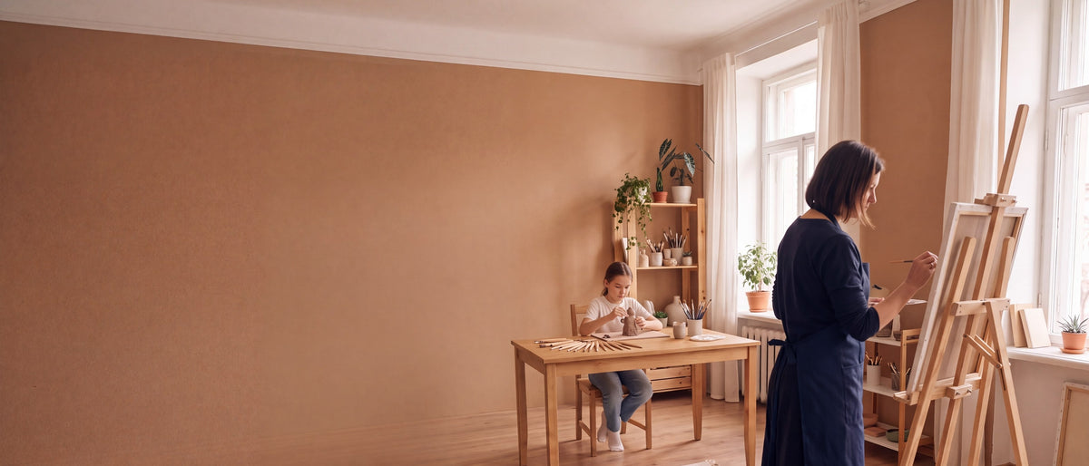 Een vrouw schildert aan een houten ezel bij het raam terwijl een meisje aan tafel met klei boetseert