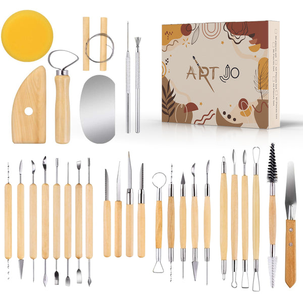 ArtJo boetseergereedschap set met diverse houten spatels, mirettes, een spons en de kartonnen verpakking