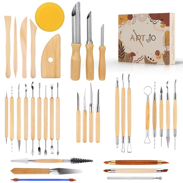 ArtJo boetseergereedschap set met diverse houten en metalen kleitools, een spons en de bijbehorende verpakking