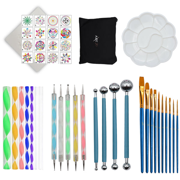 De complete ArtJo Mandala 44-delig set met sjablonen, penselen, acrylstaven, verfpalet en een zwart opbergtasje