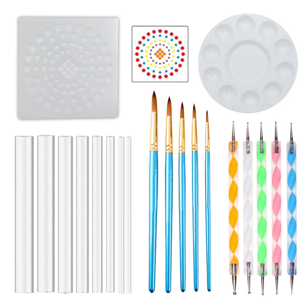 De complete Mandala 20-delig set met acrylstaven, penselen, dotting tools, een verfpalet en een sjabloon